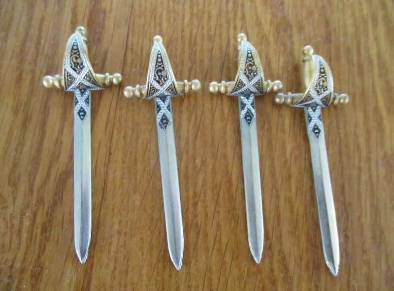 Small vintage Toledo hand painted and crafted enamelled brass  cocktail appetizer set - four swords
