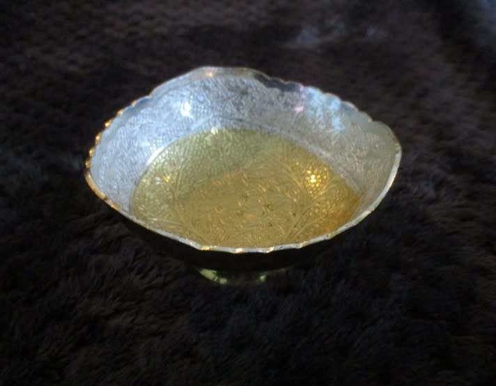 Ornately etched small brass footed dish