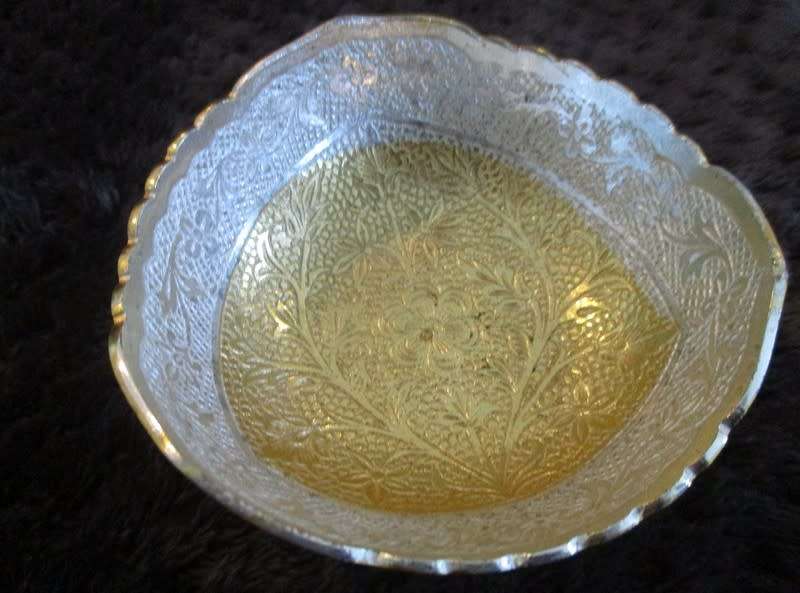 Ornately etched small brass footed dish