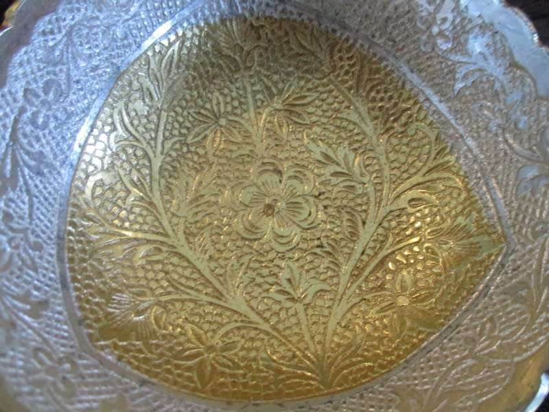 Ornately etched small brass footed dish