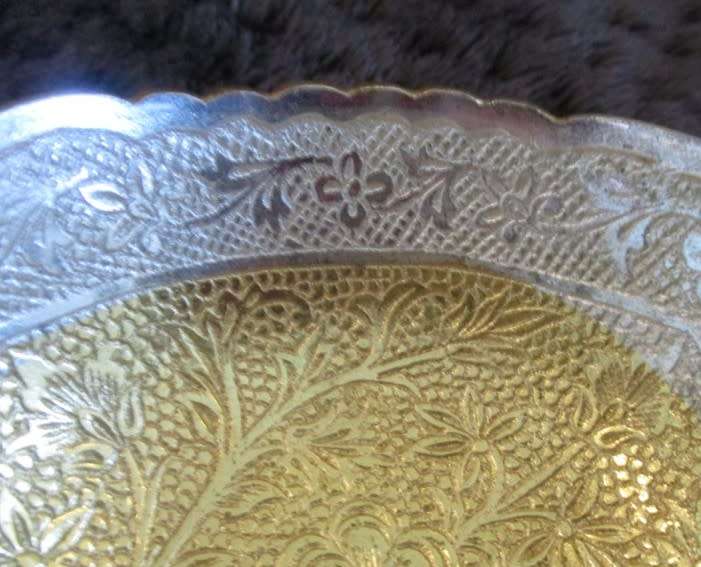 Ornately etched small brass footed dish