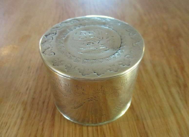 Antique Chinese brass opium box meticulously engraved with Dragon and good fortune symbols