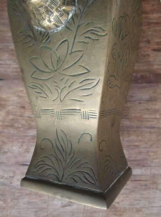 Vintage Chinese brass vase  - Foo Dog handles and engraved with Foo Dog and floral design