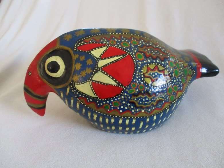Large, vibrantly colourful hand crafted wooden Boynuzgaga (Hornbill) from Turkey