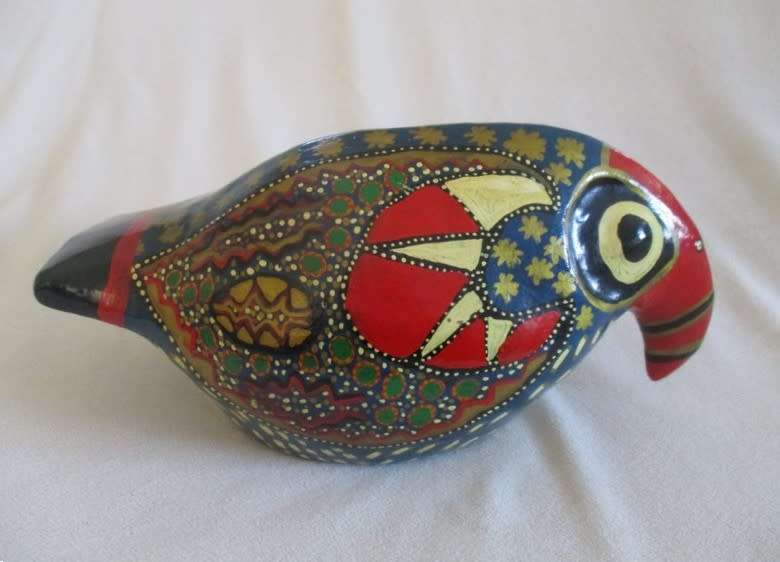 Large, vibrantly colourful hand crafted wooden Boynuzgaga (Hornbill) from Turkey