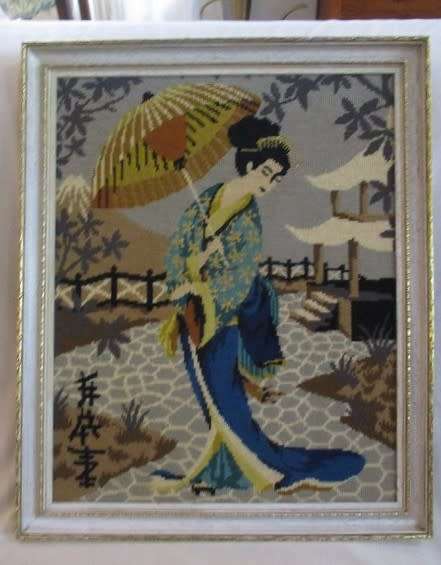 Large hand made tapestry of Geisha girl in beautiful ornate frame