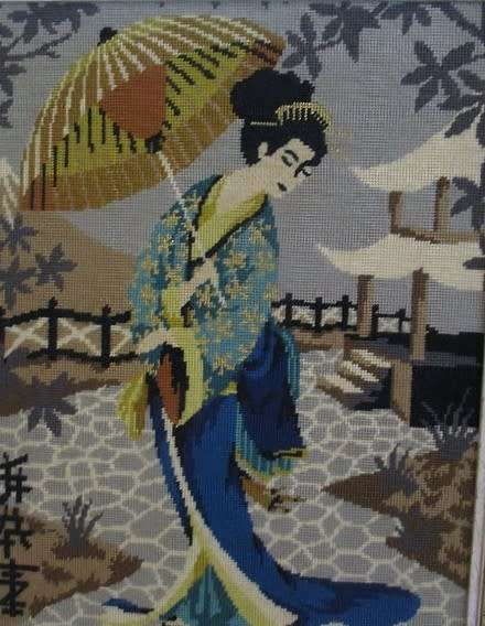Large hand made tapestry of Geisha girl in beautiful ornate frame