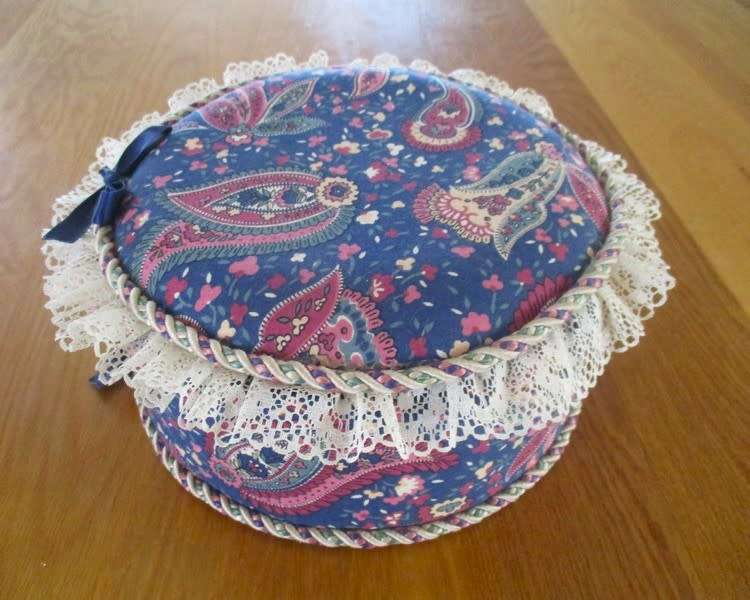 Beautifully made, large vintage upholstered `whatnot` box - corded and  trimmed with lace