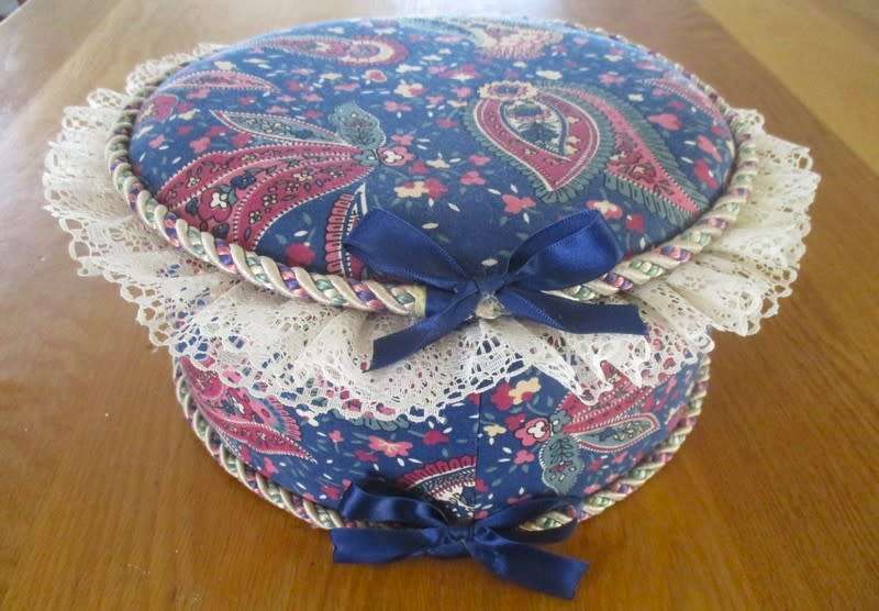 Beautifully made, large vintage upholstered `whatnot` box - corded and  trimmed with lace