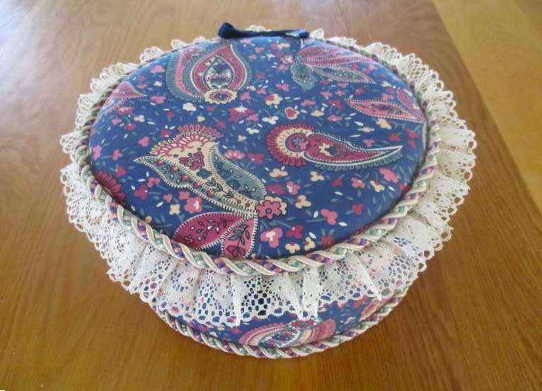 Beautifully made, large vintage upholstered `whatnot` box - corded and  trimmed with lace