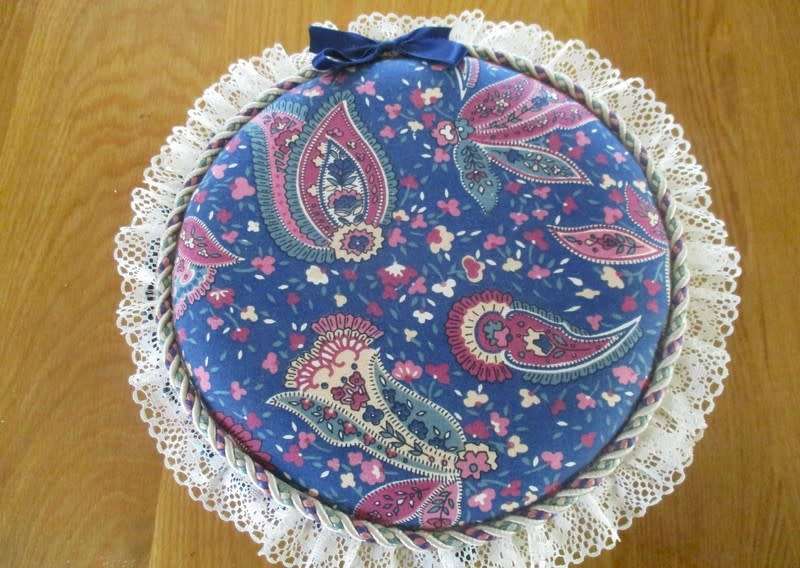 Beautifully made, large vintage upholstered `whatnot` box - corded and  trimmed with lace
