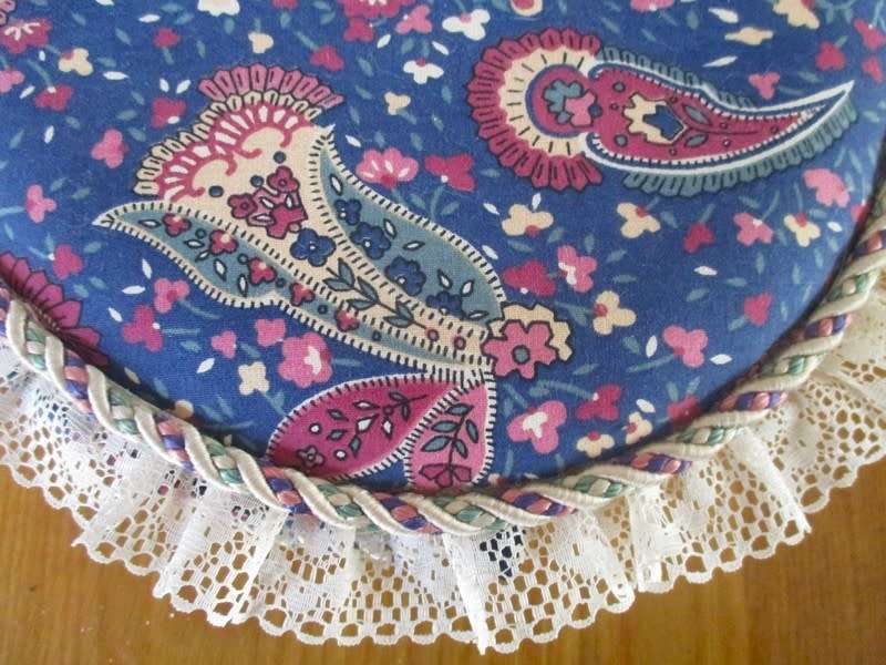 Beautifully made, large vintage upholstered `whatnot` box - corded and  trimmed with lace