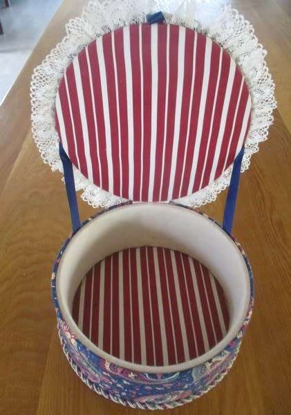 Beautifully made, large vintage upholstered `whatnot` box - corded and  trimmed with lace