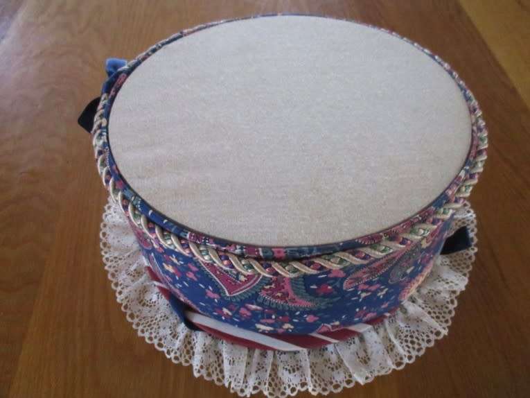 Beautifully made, large vintage upholstered `whatnot` box - corded and  trimmed with lace