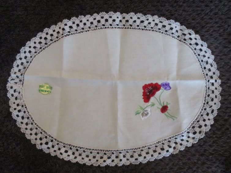 Quality Pure Irish Linen embroidered oval cloth with crocheted lace border