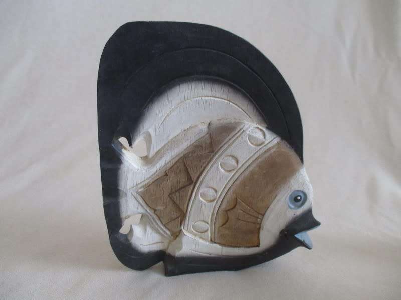 Three large hand carved and painted wooden fish
