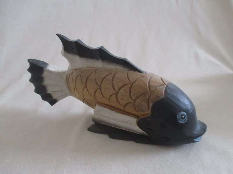 Three large hand carved and painted wooden fish