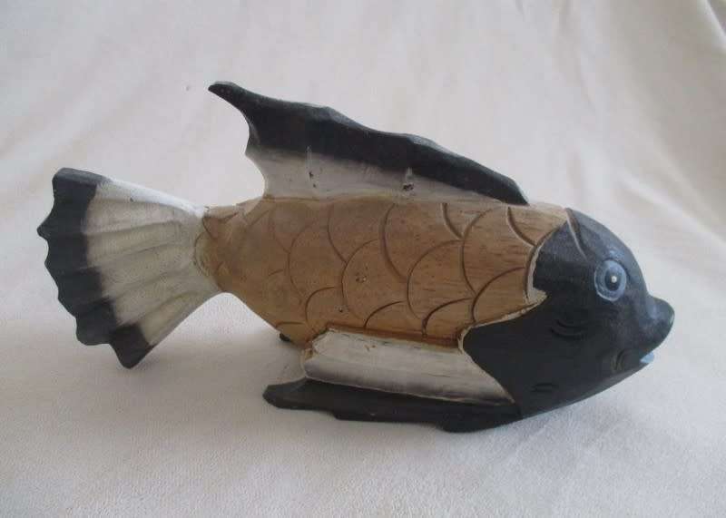 Three large hand carved and painted wooden fish