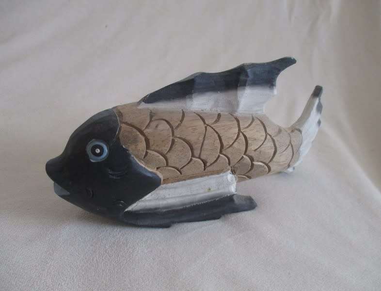 Three large hand carved and painted wooden fish