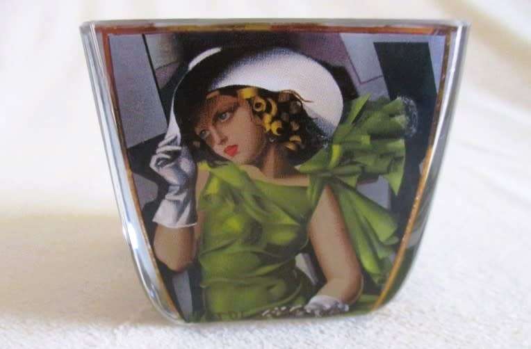 Goebel hand made Artis Orbis glass Art Deco candle holder - `Young Girl in Green` by T. de Lempicka
