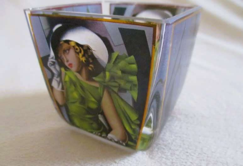 Goebel hand made Artis Orbis glass Art Deco candle holder - `Young Girl in Green` by T. de Lempicka