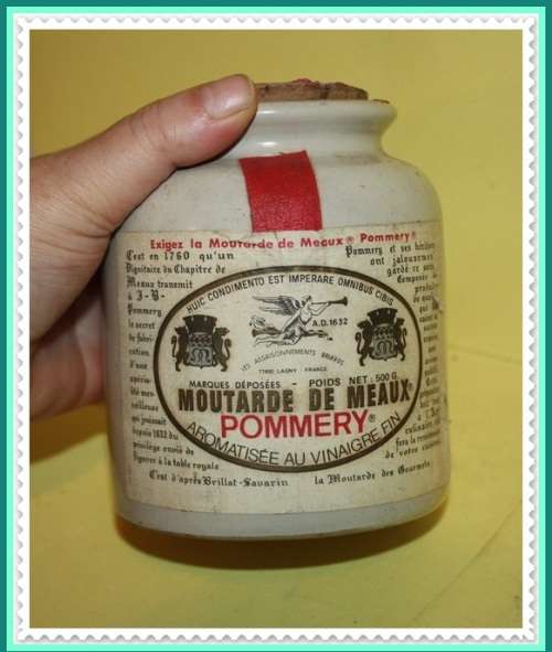 DECORATIVE STONEWARE JAR WITH CORK AND LOVELY LABEL NICE FOR A KITCHEN SHELF