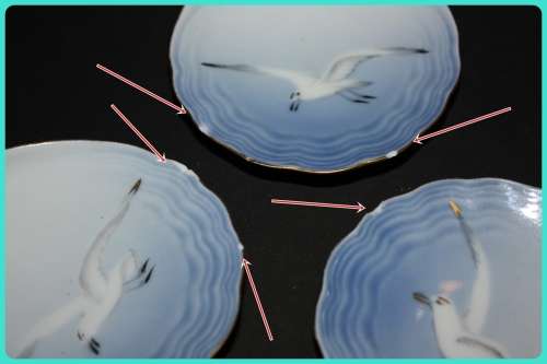 LOVELY SET OF FIVE OYSTER DISHES MADE IN DENMARK IN SHAPE OF SHELL DECORATED WITH A SEAGULL (D)