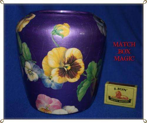 NICELY DECOUPAGED VASE PURPLE BACKGROUND WITH PANSYS NICE FOR COUNTRY COTTAGE