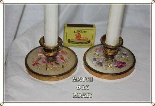 CANDLESTICKS PAIR VINTAGE METAL WITH EMBROIDERED INCERTS PERFECT FOR A FEMININE DRESSING TABLE