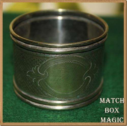 VERY OLD MACHINE TURNED NAPKIN RING CARTOUCHE HAS FAINT INGRAVING OF INITIALS AND THE DATE 1874