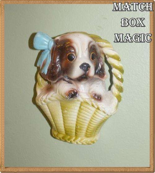 TO CUTE VINTAGE PLASTER WALL PLAQUE DOGGIE IN A BASKET