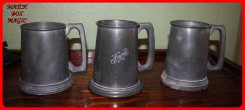 THREE PEWTER TANKARDS TWO WITH CLEAR BOTTOMS  ONE FROM 1935 MAKERS MARKS UNDERNEATH