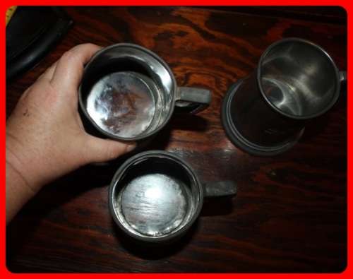 THREE PEWTER TANKARDS TWO WITH CLEAR BOTTOMS  ONE FROM 1935 MAKERS MARKS UNDERNEATH