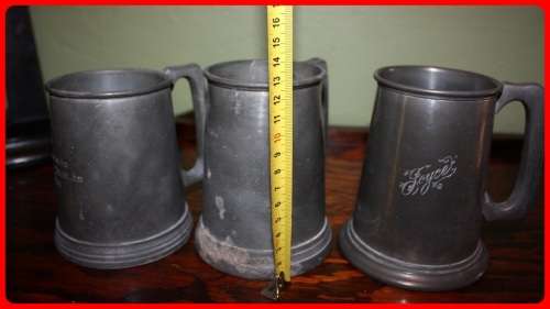 THREE PEWTER TANKARDS TWO WITH CLEAR BOTTOMS  ONE FROM 1935 MAKERS MARKS UNDERNEATH