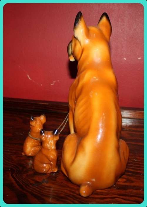 LARGE BOXER DOG AND PUPPIES CONNECTED  WITH CHAINS VINTAGE