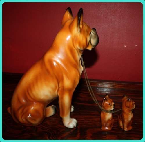 LARGE BOXER DOG AND PUPPIES CONNECTED  WITH CHAINS VINTAGE