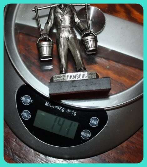 METAL STATUETTE MAN CARRYING BUCKETS HAMBURG ON BASE