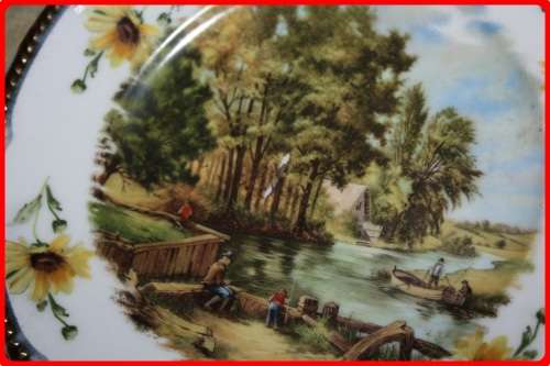 LOVELY PAIR OF MATCHING WALL PLATES RIVER SCENES  FISHING AND WATER MILL