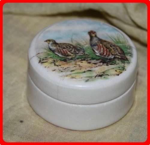 THE GENTLEMAN'S RELISH POT AND LID WITH PARTRIDGE BIRD DETAILS (R)
