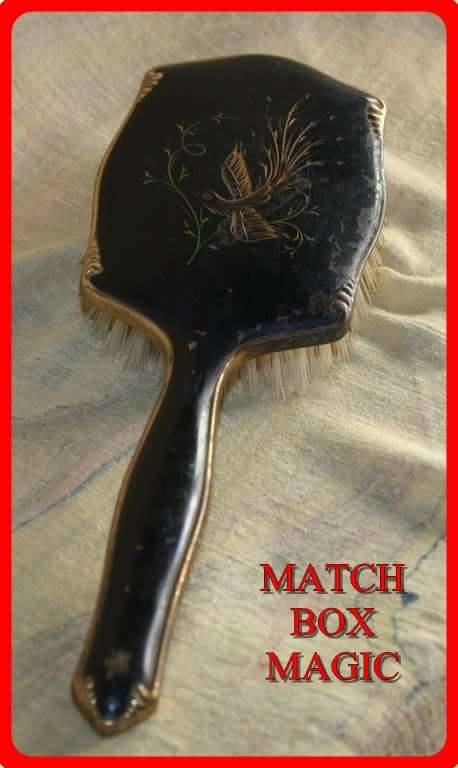 HAIR BRUSH VINTAGE BLACK METAL WITH FANTASY BIRD DECAL
