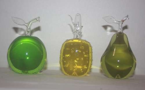 GLASS TRIO OF FRUIT FILLED WITH COLOURED LIQUID APPLE  PEAR AND PINEAPPLE