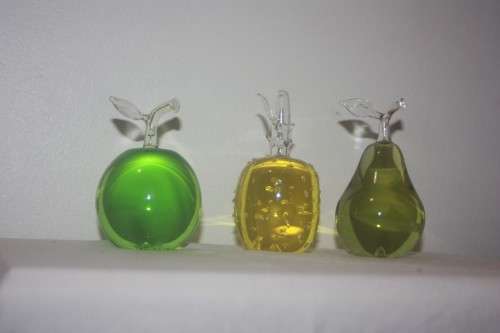 GLASS TRIO OF FRUIT FILLED WITH COLOURED LIQUID APPLE  PEAR AND PINEAPPLE
