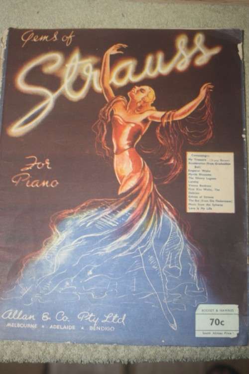 GEMS OF STRAUSS FOR PIANO VINTAGE MUSIC BOOK WITH LOVELY ILLUSTRATION OF DANCER FROM 30s 40s PAGES60