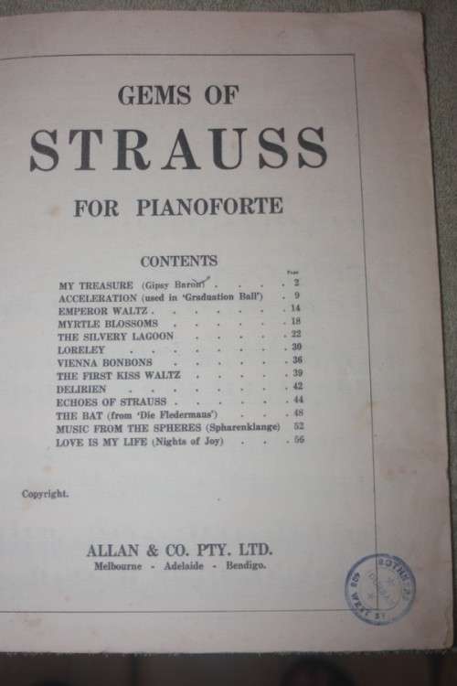 GEMS OF STRAUSS FOR PIANO VINTAGE MUSIC BOOK WITH LOVELY ILLUSTRATION OF DANCER FROM 30s 40s PAGES60