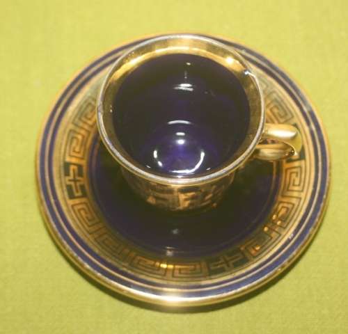 VINTAGE BLUE AND GOLD GREEK CUP AND SAUCER