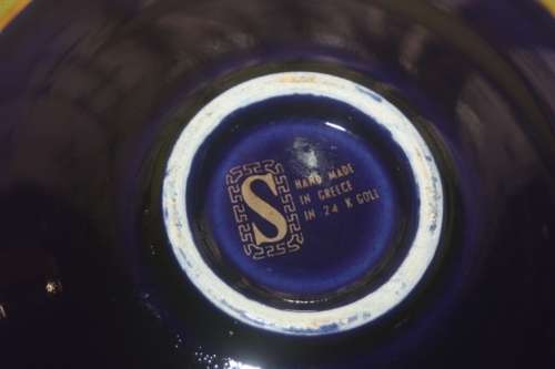 VINTAGE BLUE AND GOLD GREEK CUP AND SAUCER