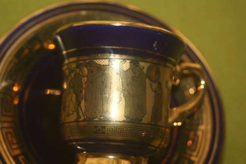 VINTAGE BLUE AND GOLD GREEK CUP AND SAUCER