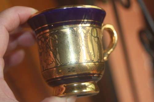 VINTAGE BLUE AND GOLD GREEK CUP AND SAUCER
