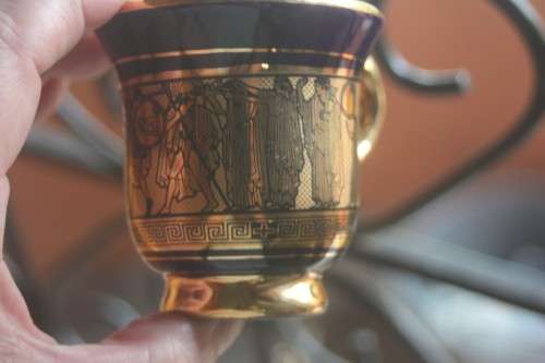 VINTAGE BLUE AND GOLD GREEK CUP AND SAUCER