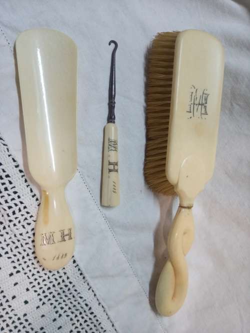 Antique shoe care kit monogrammed MH dated 1889 take a look at all photos unusual item
